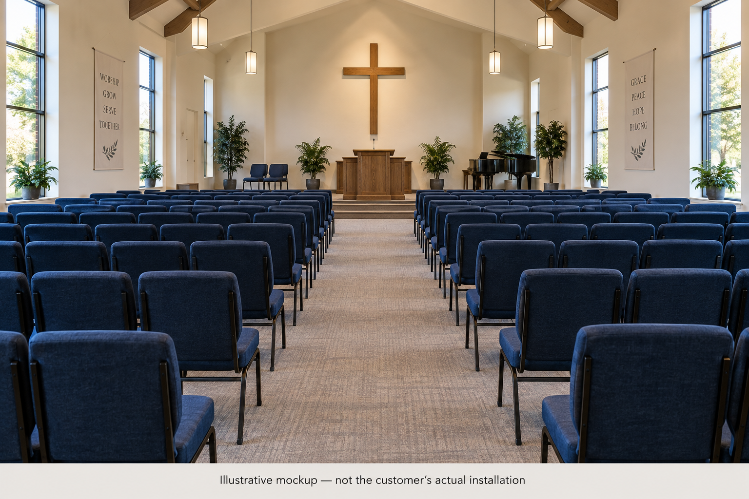 AI-generated illustration of a church sanctuary with navy upholstered chairs; not Road to Damascus's actual installation