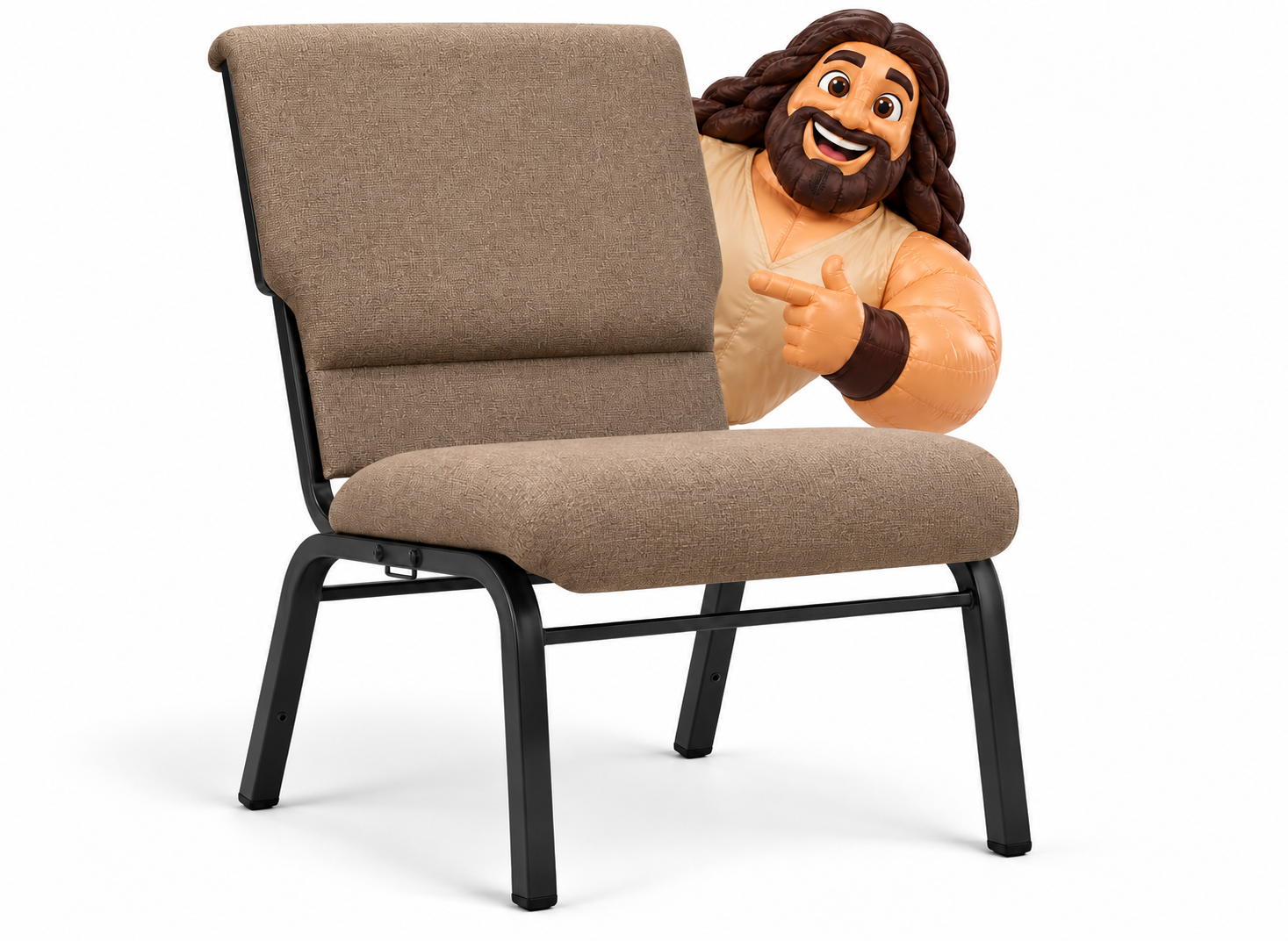 Samson mascot peeking from behind the tan Samson chair, smiling and pointing toward it